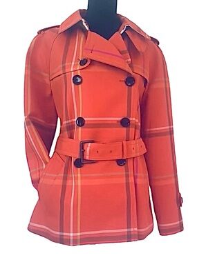 COACH ~ Red Plaid Tattersall Trench Coat w/Silver Striped Lining and Pockets